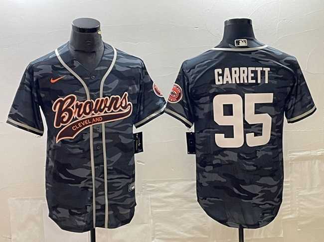 Mens Cleveland Browns #95 Myles Garrett Gray Camo With Patch Cool Base Stitched Baseball Jersey->cleveland browns->NFL Jersey